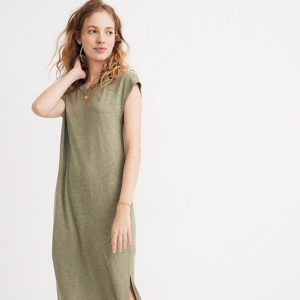 Madewell moss green jersey midi dress.